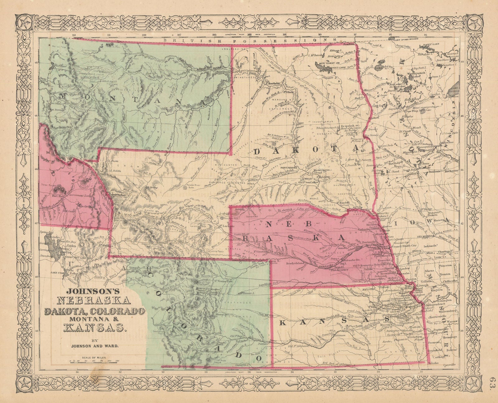 Johnson's Nebraska, Dakota, Colorado, Montana & Kansas. Johnson & Ward 1865 map